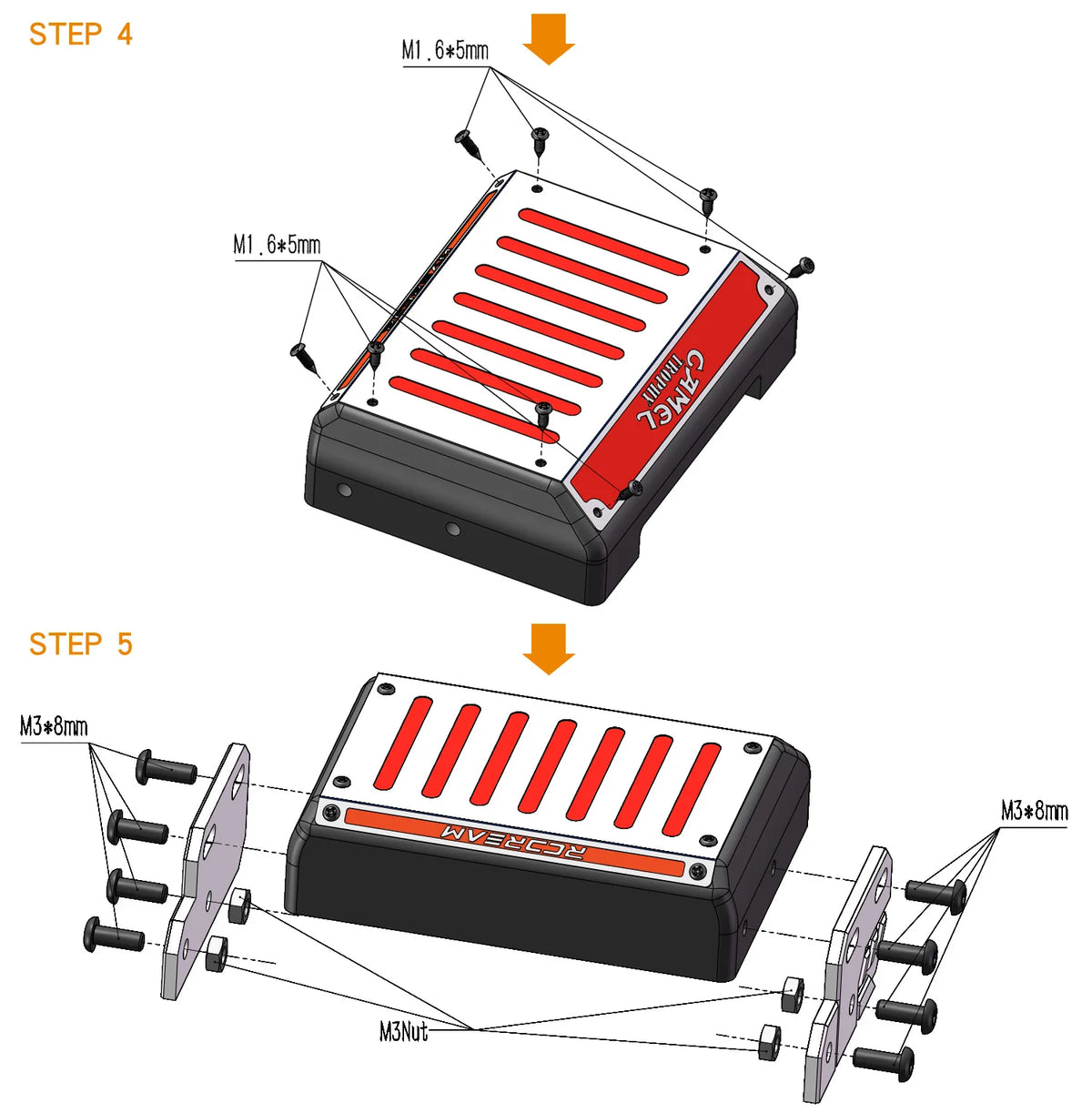 Diagram showing the assembly steps for an RC car upgrade kit, including mud flaps and exhaust components.