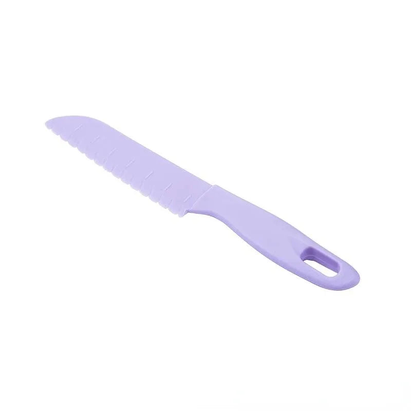 A purple kid-friendly safety knife set with a plastic handle and blade.