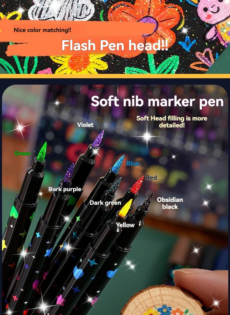 A close-up of various colored and glittery paint pens, including violet, blue, red, and green tips, displayed against a dark 