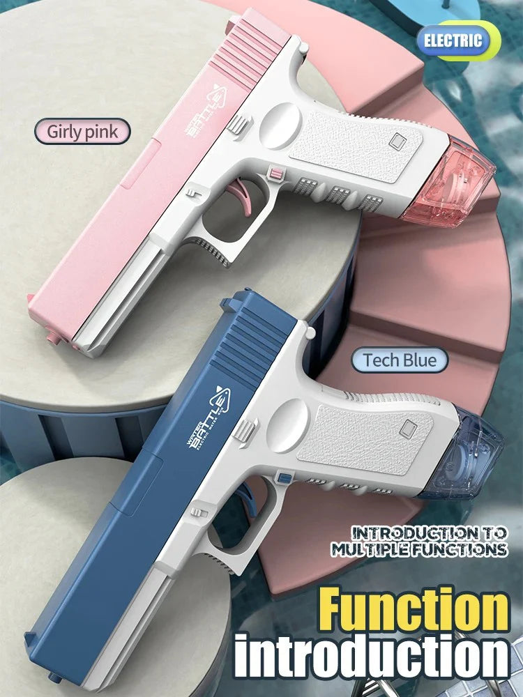 Pink and blue electric water blaster guns for kids shown in various angles
