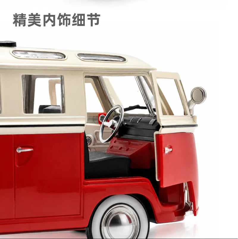 A red vintage style metal bus diecast model with a pull-back action, showing the interior view.