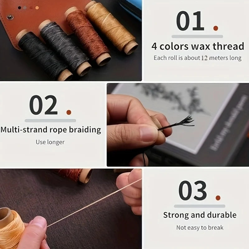 A product display showing three steps for using leather sewing thread, including wax thread, rope braiding, and strong durabl