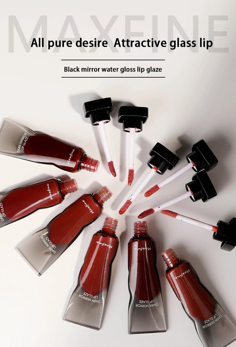 Various shades of black and dark red mirror lip glaze products are displayed on a white background.