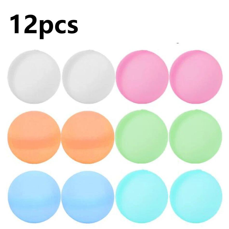 A set of 12 reusable quick-fill water balloons in various pastel colors including white, pink, orange, green, and blue.