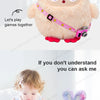 A pink plush robot toy with large eyes is shown next to a young child.