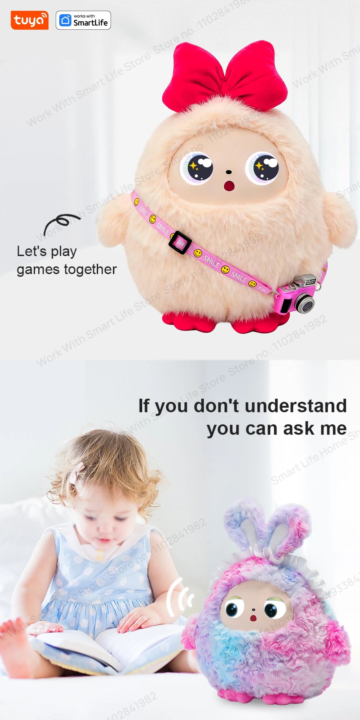 A pink plush robot toy with large eyes is shown next to a young child.