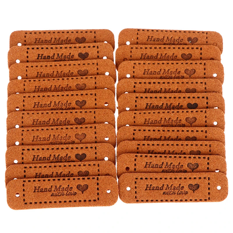 Set of 20 PU Leather "Made With Love" Sew-On Tags for Crafts and Garments