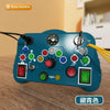 A blue Montessori busy board with various light switches and components for toddlers is shown on a wooden surface.