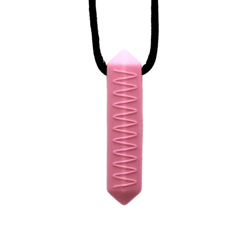 A pink silicone chew necklace with a textured, ridged design hanging from a black cord.