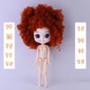 A light tan fashion doll with bright blue eyes and voluminous reddish-brown curly hair, shown with articulated hands.