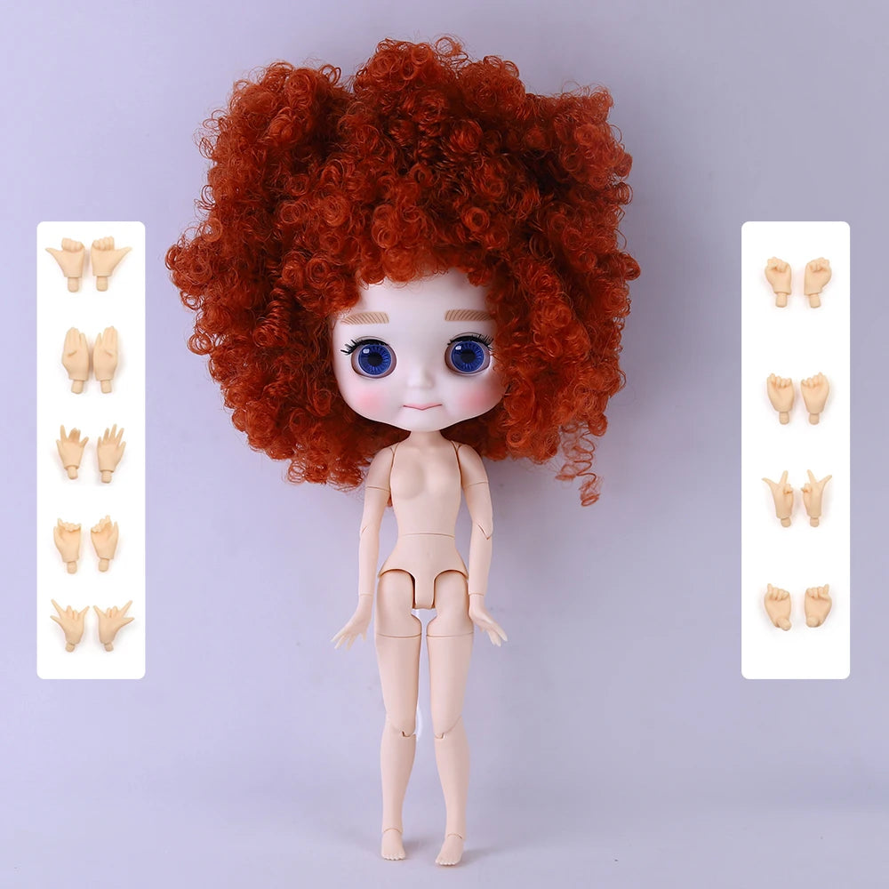 A light tan fashion doll with bright blue eyes and voluminous reddish-brown curly hair, shown with articulated hands.