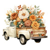 A vintage white pickup truck loaded with a large bouquet of autumn-toned flowers and greenery.