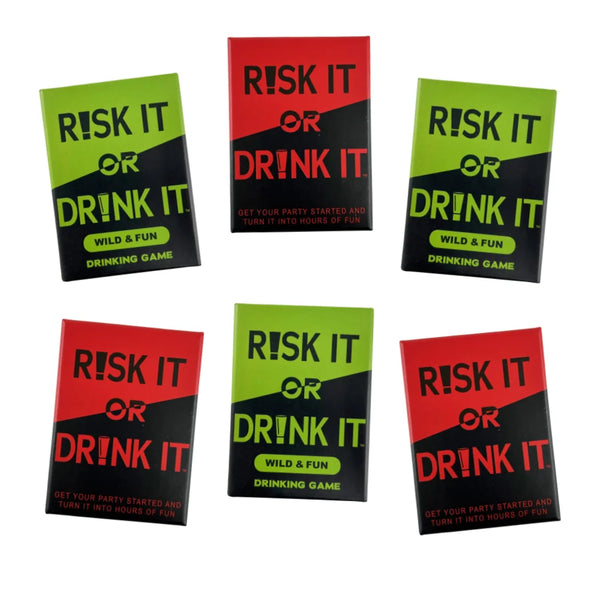 Un jeu de cinq cartes rouges et vertes pour le jeu de soirée Risk It or Drink It avec du texte comme Risk It or Drink It