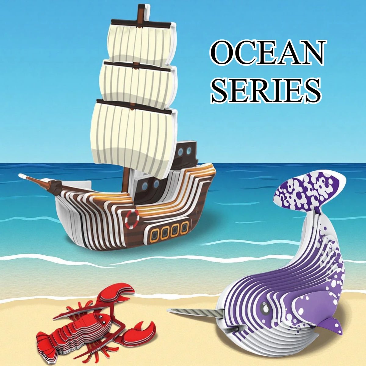 A set of 3D paper animal puzzles featuring a wooden boat, a sea turtle, and a red crab on a sandy background.