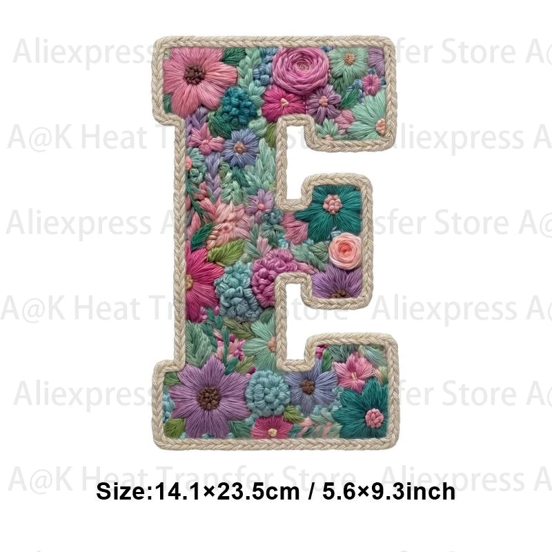 Floral letter E iron-on patch for DIY clothing and accessories