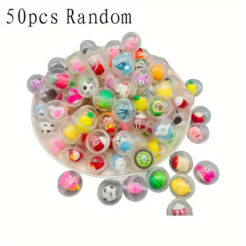 A pile of 50 random kawaii mini capsule figures in various colors and designs.