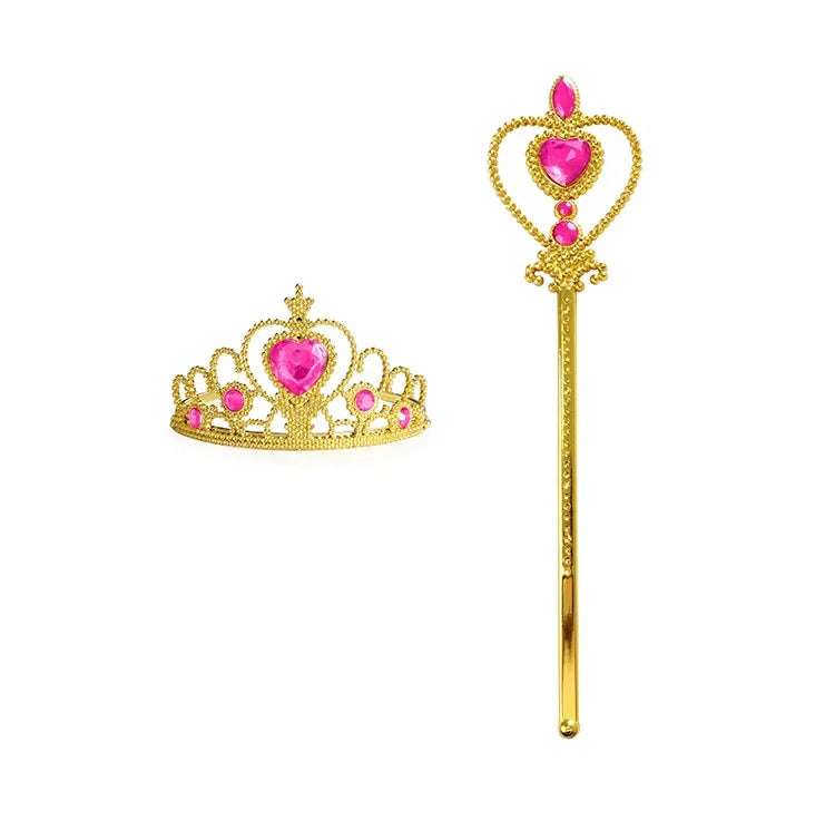 Gold and pink royal princess crown necklace set with a pendant and long chain