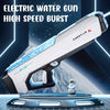 A white electric water gun is displayed against a blue background with a globe and futuristic lighting.