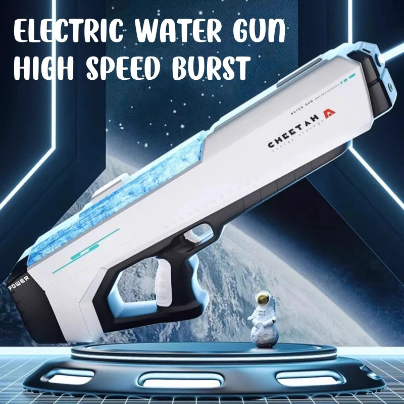 A white electric water gun is displayed against a blue background with a globe and futuristic lighting.