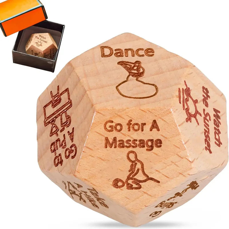 A wooden dance dice set with the title Dance and a message Go for A Massage
