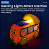 An orange bus toy with flashing lights and a phone keypad, designed to attract children's attention.