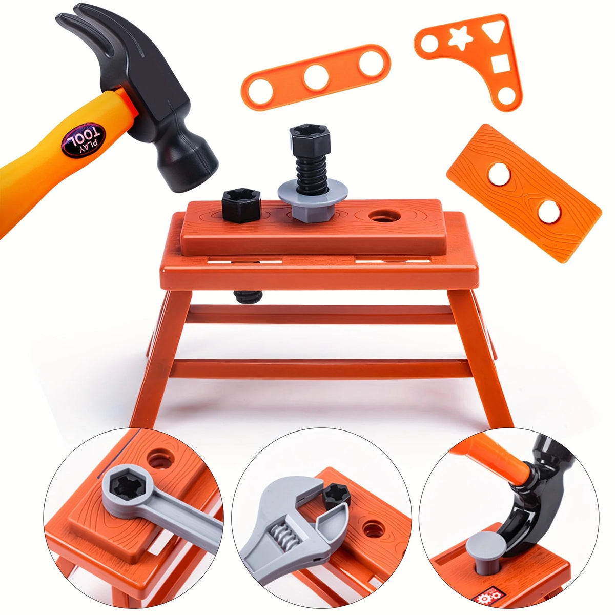 An orange kids toy toolbox set with a pretend play drill and various tools for learning and fun.
