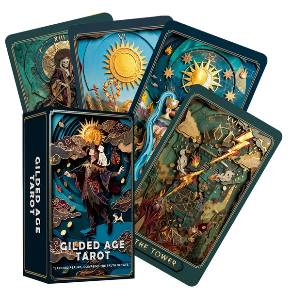 A collection of Gilded Age Tarot decks featuring paper cut art and celestial imagery.