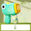 A light green bear-shaped automatic bubble gun with a yellow barrel and a glass bottle of liquid, surrounded by soap bubbles.