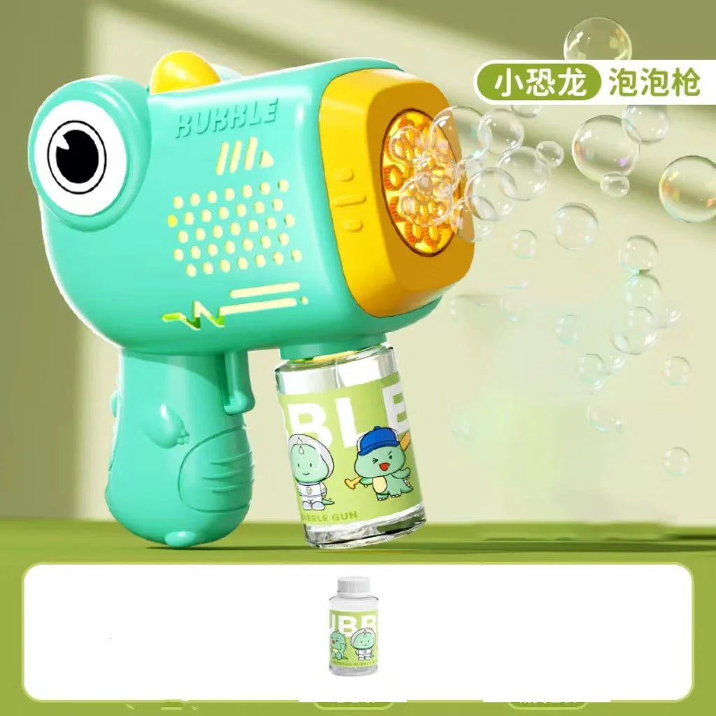 A light green bear-shaped automatic bubble gun with a yellow barrel and a glass bottle of liquid, surrounded by soap bubbles.