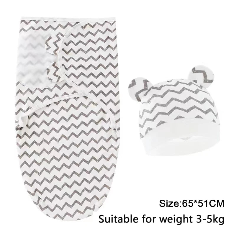 White and gray chevron patterned cotton newborn swaddle blanket and hat set suitable for 3-5kg