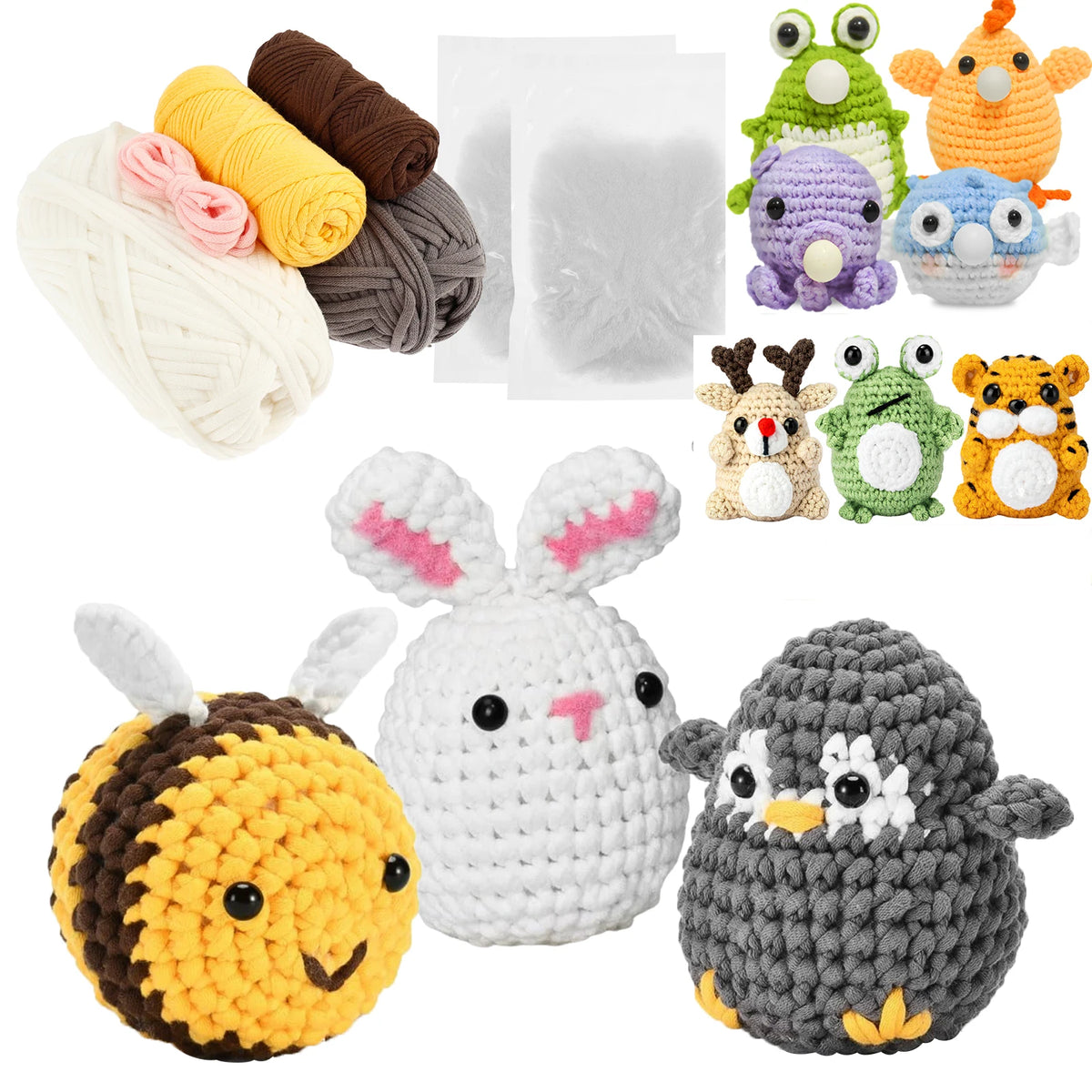 A collection of crocheted animals made from soft wool yarn, including a bee, a rabbit, and an owl.