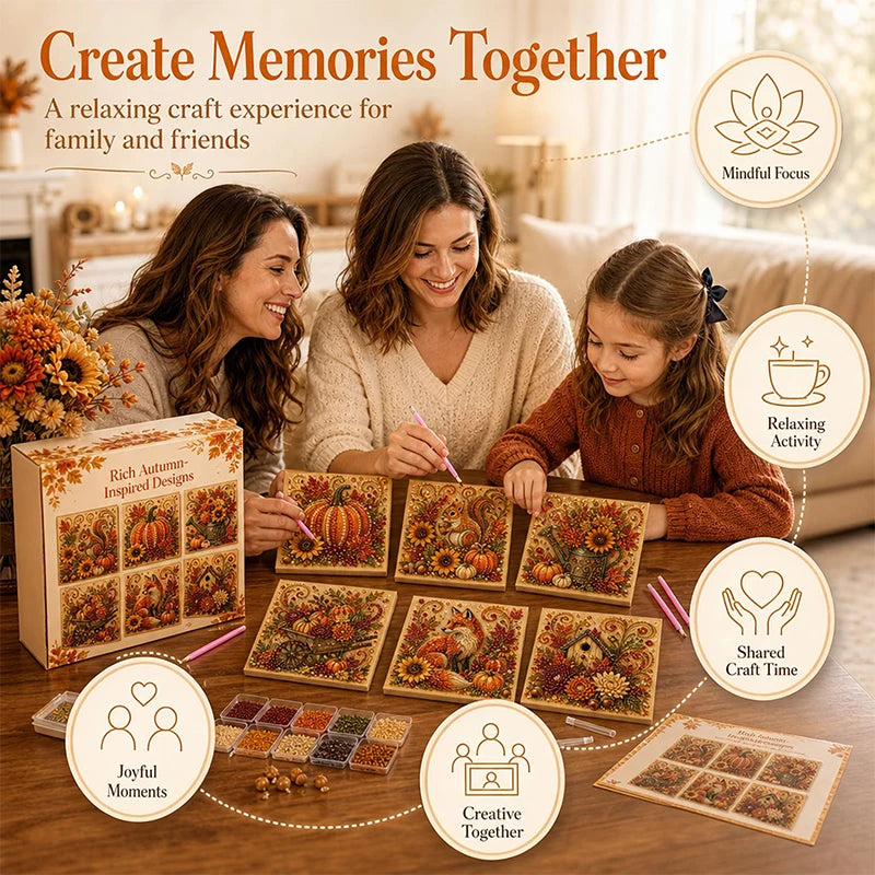 A family relaxing together painting autumn-themed art on wooden boards with paint and brushes.