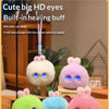 A set of cute plush rabbit pendants in various colors, including white, purple, green, blue, and pink, displayed on a wooden 