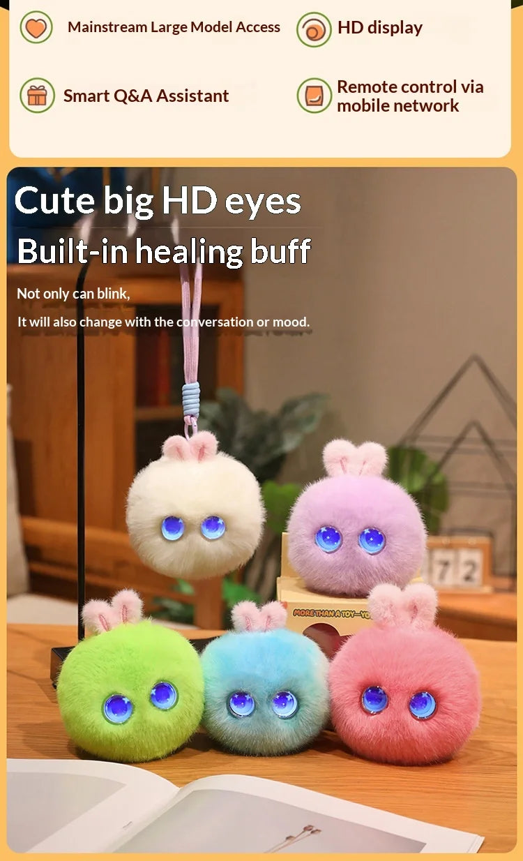 A set of cute plush rabbit pendants in various colors, including white, purple, green, blue, and pink, displayed on a wooden 