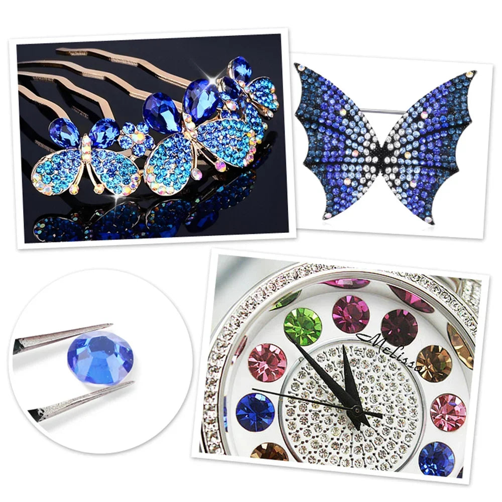Blue and iridescent resin rhinestone butterfly jewelry and a watch face with sparkling crystals
