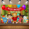 A colorful cartoon scene featuring a tiger and children celebrating a birthday party with balloons and decorations.