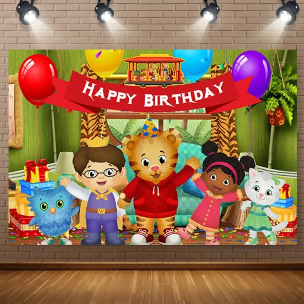 A colorful cartoon scene featuring a tiger and children celebrating a birthday party with balloons and decorations.