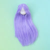 A long, flowing lavender hair wig displayed against a light green background.