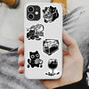 A white phone case featuring black silhouette stickers of cats, including a cat rolling in a jar and a cat drinking milk.