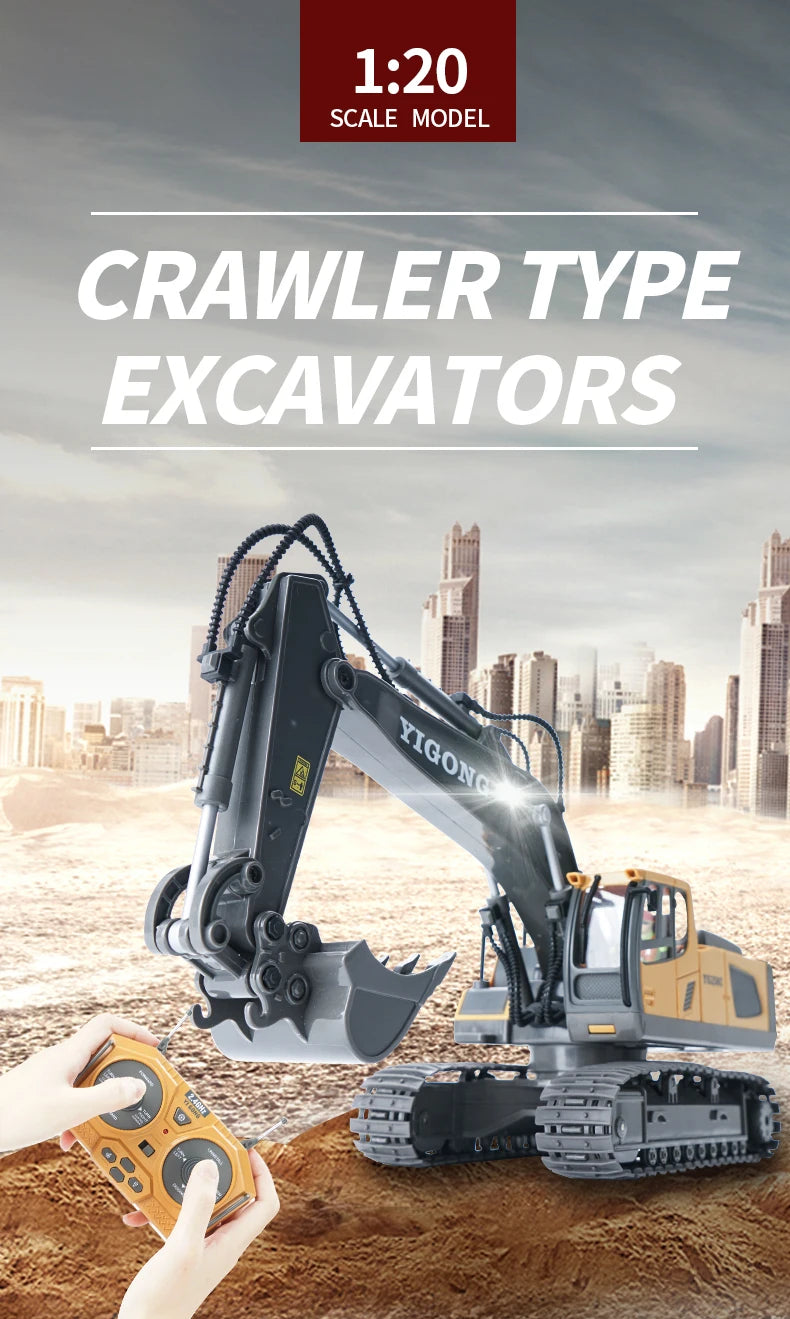 A YIGONG crawler type excavator model is shown with a remote control in the foreground against a city skyline.