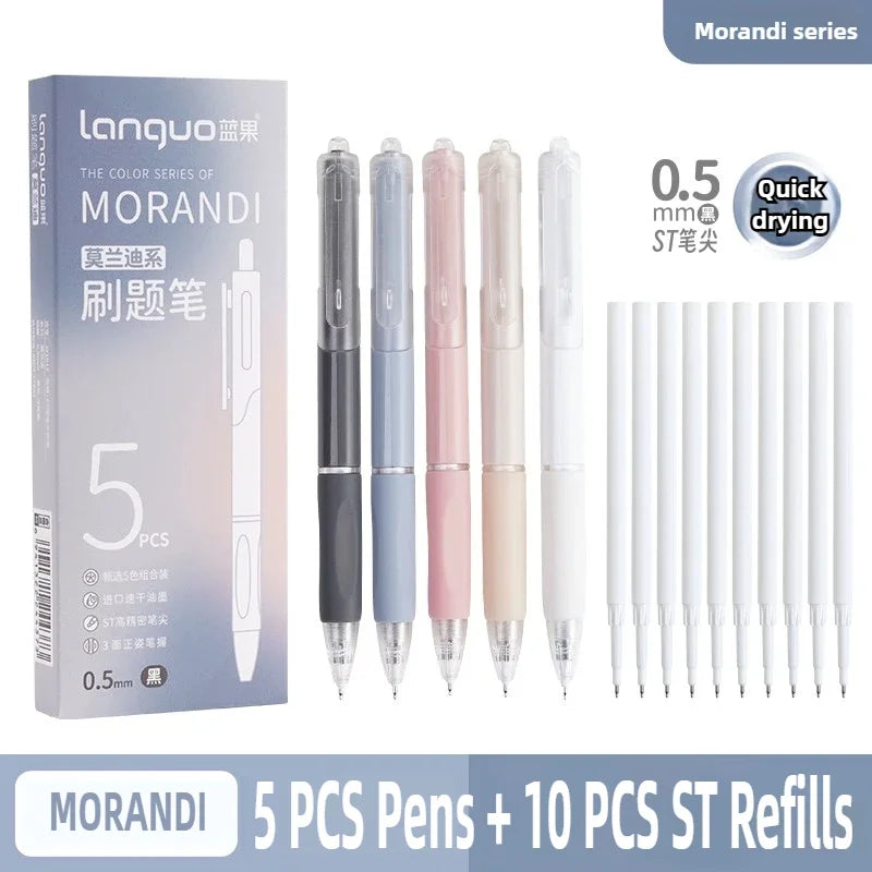 Morandi series 5 pens and 10 refills for quick drying gel ink