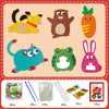 A set of animal felt sewing kits for kids including a yellow fox, brown bear, blue cat, green frog, and pink rabbit.