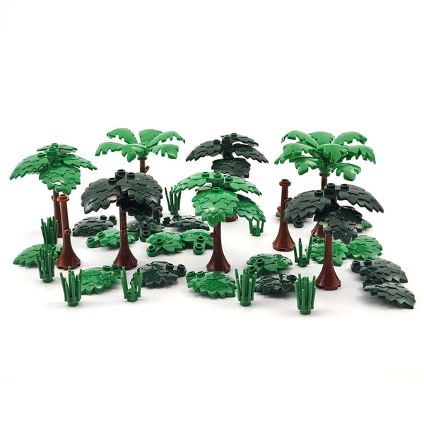 A set of building brick garden trees and plant accessories in various shades of green.