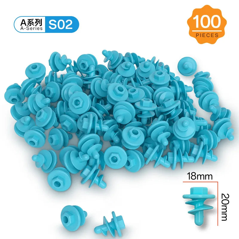 A pile of light blue plastic construction pieces for a kids activity kit including various shapes and tools
