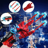 A red superhero glove is shown launching blue suction dart projectiles against a nighttime city skyline.