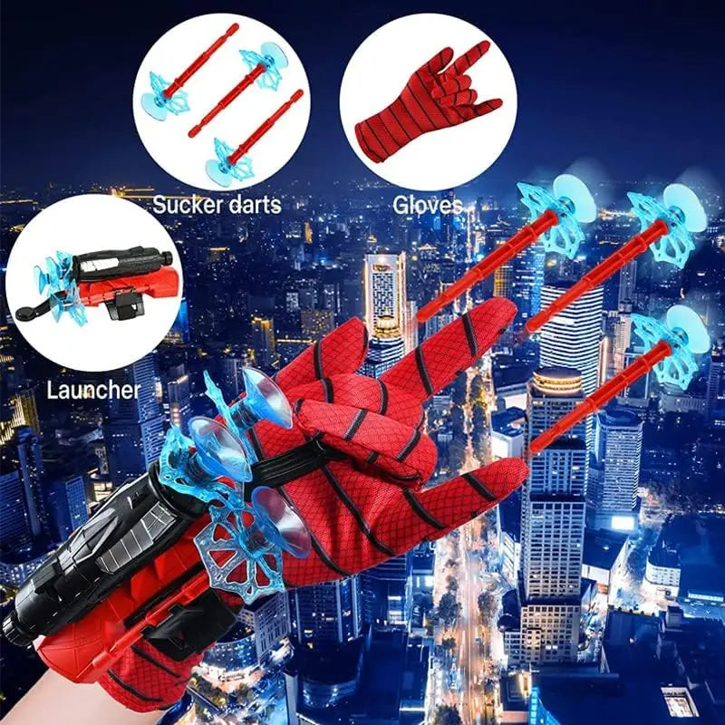 A red superhero glove is shown launching blue suction dart projectiles against a nighttime city skyline.