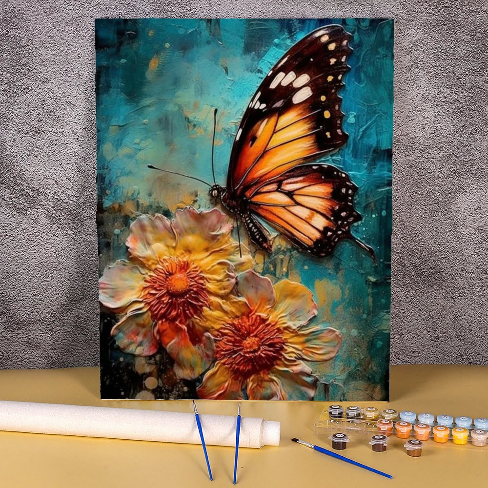 A painting by numbers kit featuring a floral butterfly canvas art piece on a canvas.