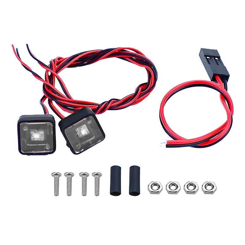 A 1:14 scale LED warning light for RC trucks, including a flexible wire harness and various electrical connectors.