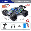 A blue and green 1/1300mAh RC monster truck with large tires and LED lights shown in a studio setting.