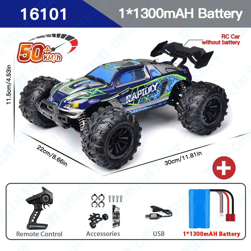 A blue and green 1/1300mAh RC monster truck with large tires and LED lights shown in a studio setting.